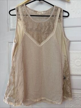 POL Lace Yoke Waffle Knit Tank in Beige